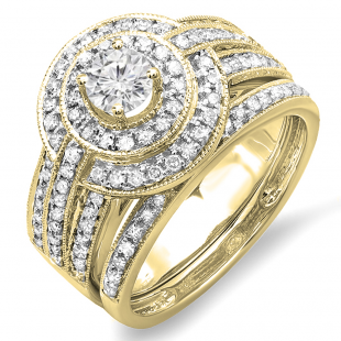 1.10 Carat (ctw) 14K Yellow Gold Real Round Diamond Engagement Bridal Ring Set with Matching Band