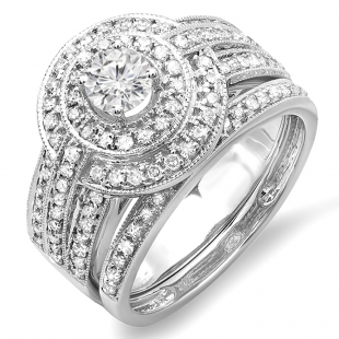1.10 Carat (ctw) 14K White Gold Real Round Diamond Engagement Bridal Ring Set with Matching Band