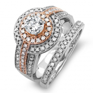 1.15 Carat (ctw) 14K Two Tone Rose Gold Real Round Diamond Engagement Bridal Ring Set with Matching Band