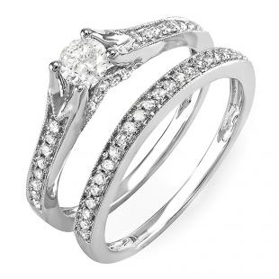 0.60 Carat (ctw) 14k White Gold Round Diamond Ladies Bridal Split Shank Engagement Ring Matching Band Set