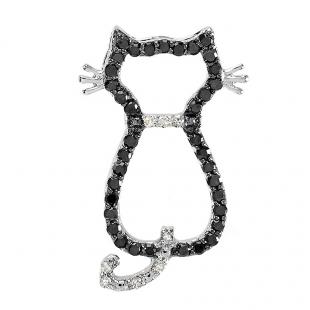 0.33 Carat (ctw) Sterling Silver Round Black & White Diamond Cat Pendant 1/3 CT