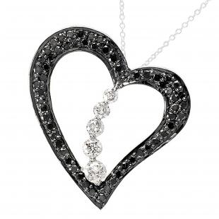 0.60 Carat (ctw) Round Black & White Diamond Ladies Heart Pendant 10K White Gold