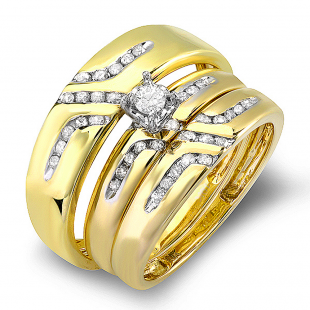 CERTIFIED 0.55 Carat (ctw) 10K Yellow Gold Round White Diamond Men & Women's Diamond Ring Trio Set Diamond Ring