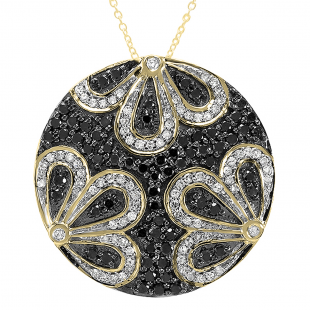 1.15 Carat (ctw) Round Black & White Diamond Ladies Flower Petals Circle Pendant | 18K Yellow Gold