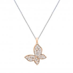 Round White Diamond Butterfly Shaped Pendant for Women with 18 Inch Silver Chain (0.95 ctw, Color I-J, Clarity I1-I2) in 18K Rose Gold