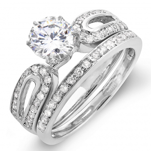1.00 Carat (ctw) 14k White Gold Round Diamond Ladies Bridal Engagement Ring Set with Matching Band