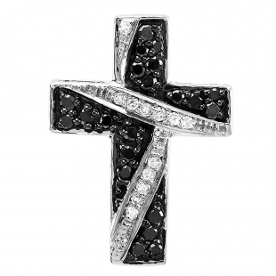 0.33 Carat (ctw) 10k White Gold Round Black and White Diamond Cross Ladies Pendant 1/3 CT