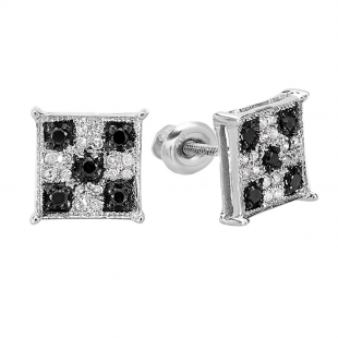 0.25 Carat (ctw) Sterling Silver Black & White Round Cut Diamond Square Shaped Micro Pave Stud Earrings 1/4 CT