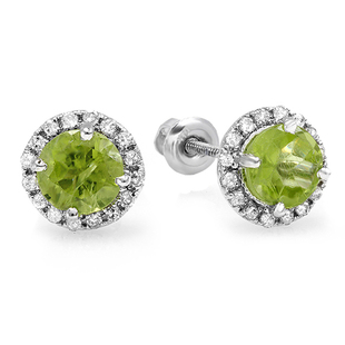 2.00 Carat (ctw) 14K White Gold Round Diamond Halo Green Peridot Stud Earrings