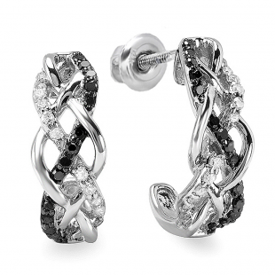 0.33 Carat (ctw) Sterling Silver Ladies Round Black & White Diamond Hoop Earrings 1/3 CT