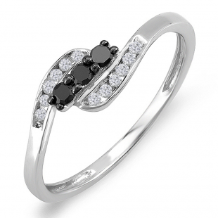 0.25 Carat (ctw) Sterling Silver Round Black & White Diamond Ladies Swirl 3 Stone Engagement Bridal Promise Ring 1/4 CT