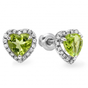 2.00 Carat (ctw) 10k White Gold Heart Shape Green Peridot Diamond Halo Stud Earrings