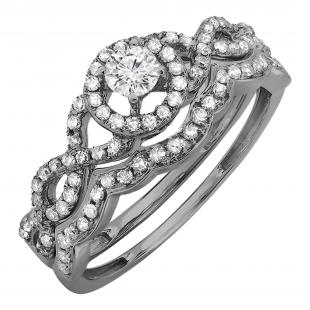 0.50 Carat (ctw) Black Rhodium Plated 18k White Gold Round Diamond Ladies Halo Style Bridal Engagement Ring Matching Band Set 1/2 CT