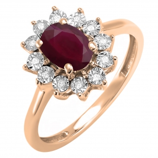 Oval Ruby & Round White Diamond Halo Style Engagement Ring for Women (Diamond 0.15 ctw, Color I-J, Clarity I1-I2) in 14K Rose Gold