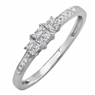0.33 Carat (ctw) 14k White Gold Princess & Round Diamond Ladies 3 Stone Bridal Engagement Ring