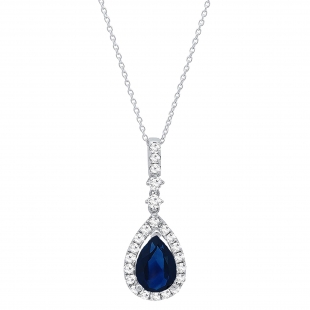 18K White Gold 9X7 MM Pear Cut Lab Created Blue Sapphire & Round Cut Diamond Ladies Pendant