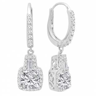 10K White Gold 5 MM Each Cushion Cut Created White Sapphire & Tapered & Round Diamond Drop Earrings
