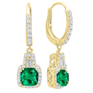 14K Yellow Gold 5 MM Each Cushion Cut Created Emerald And Tapered & Round Diamond Drop Earrings