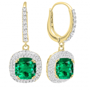 14K Yellow Gold 6 MM Each Cushion Cut Lab Created Emerald & Round Diamond Dangling Earrings