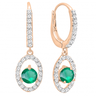 14K Rose Gold 4.5 MM Each Round Cut Lab Created Emerald & White Diamond Dangling Earrings