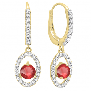 14K Yellow Gold 4.5 MM Each Round Cut Lab Created Ruby & White Diamond Dangling Earrings