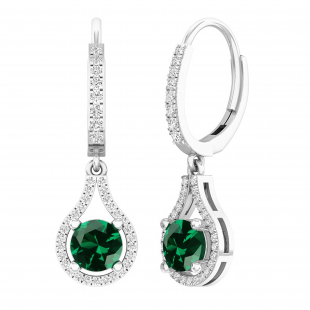 14K White Gold 5.5 MM Each Round Cut Lab Created Emerald & White Diamond Dangling Earrings