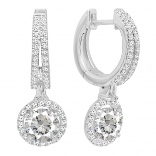 14K White Gold 5.5 MM Each Round Lab Created White Sapphire & Diamond Ladies Dangling Earrings