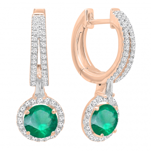 14K Rose Gold 5.5 MM Each Round Lab Created Emerald & White Diamond Ladies Dangling Earrings
