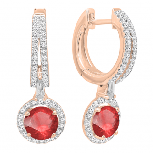 14K Rose Gold 5.5 MM Each Round Lab Created Ruby & White Diamond Ladies Dangling Earrings