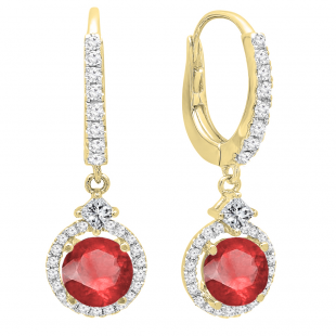18K Yellow Gold 5.5 MM Each Round Lab Created Ruby And Round & Princess Diamond Earrings