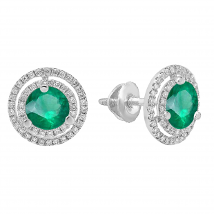 14K White Gold 6 MM Each Round Lab Created Emerald & White Diamond Ladies Stud Earrings
