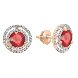 14K Rose Gold 6 MM Each Round Lab Created Ruby & White Diamond Ladies Stud Earrings