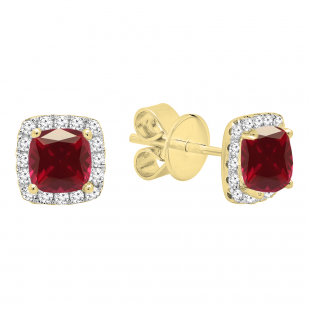 14K Yellow Gold Each 4 MM Cushion Cut Lab Created Ruby & Round Diamond Halo Stud Earrings