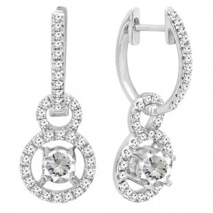 10K White Gold 4.5 MM Round Lab Created White Sapphire & Diamond Ladies Halo Dangling Earrings
