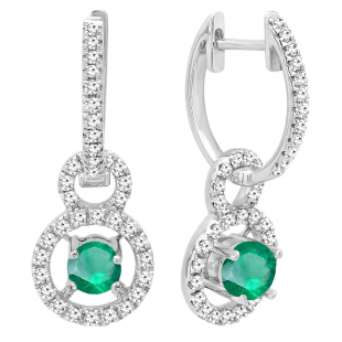 10K White Gold 4.5 MM Round Lab Created Emerald & White Diamond Ladies Halo Dangling Earrings