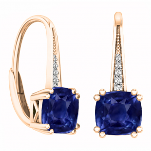 10K Rose Gold 6 MM Each Cushion Cut Lab Created Blue Sapphire & Round Diamond Drop Earrings