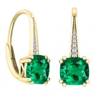 14K Yellow Gold 6 MM Each Cushion Cut Lab Created Emerald & Round Diamond Drop Earrings