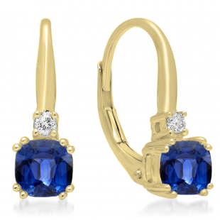 18K Yellow Gold 5 MM Each Cushion Cut Lab Created Blue Sapphire & Round Diamond Drop Earrings
