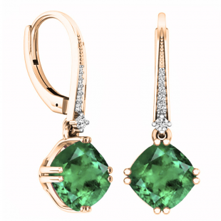 14K Rose Gold 8 MM Cushion Cut Lab Created Emerald & Round Cut White Diamond Drop Earrings