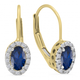 10K Yellow Gold 5X3 MM Each Oval Lab Created Blue Sapphire & Round Diamond Halo Hoop Earrings