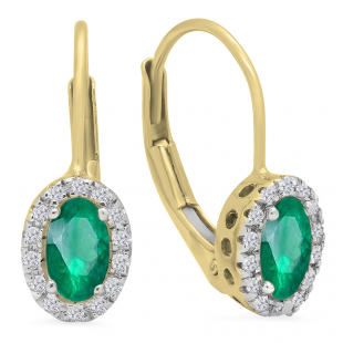 18K Yellow Gold 5X3 MM Each Oval Lab Created Emerald & Round Diamond Halo Hoop Earrings
