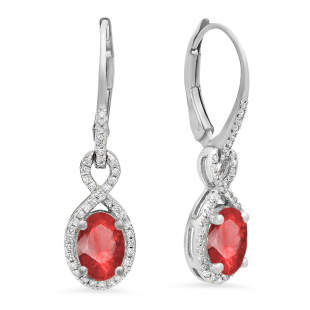 18K White Gold 7X5 MM Each Oval Lab Created Ruby & Round Diamond Dangling Drop Earrings