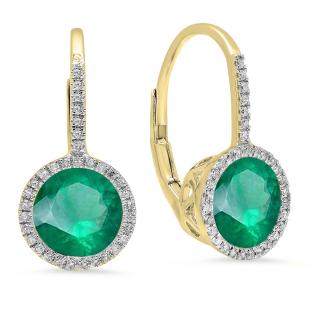 14K Yellow Gold 7 MM Each Round Lab Created Emerald & White Diamond Ladies Hoop Earrings