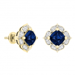 18K Yellow Gold Each 6 MM Cushion Lab Created Blue Sapphire & Round Diamond Ladies Stud Earrings