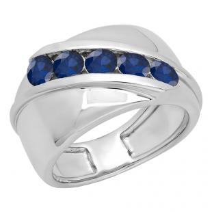 Sterling Silver Round Lab Created Blue Sapphire Men's Channel Set 5 Stone Anniversary Wedding Band