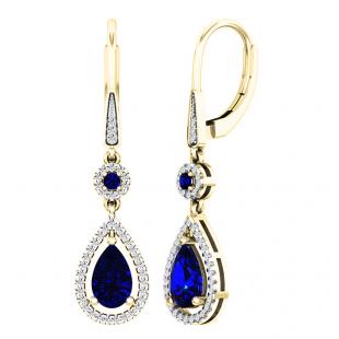 10K Yellow Gold 8X5 MM Lab Created Round & Pear Blue Sapphire & Round Diamond Dangling Earrings