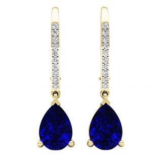 10K Yellow Gold 10X7 MM Pear Lab Created Blue Sapphire & Round Diamond Ladies Drop Earrings