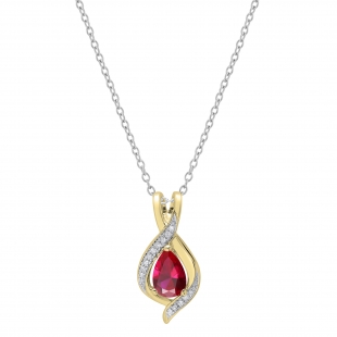 9x6 mm Pear Lab Created Ruby & Round White Diamond Swirl Teardrop Pendant with 18 inch Silver Chain for Women in 10K Yellow Gold