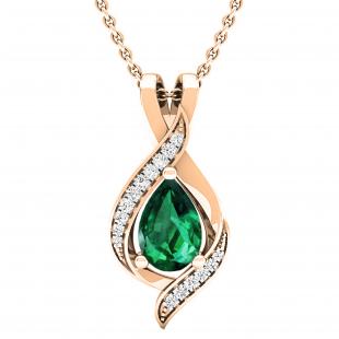 9X6mm Pear Center Lab Created Emerald & Round Natural White Diamond Teardrop Pendant with 18 Inch Gold Chain for Her in 10K Rose Gold
