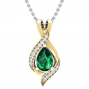 9X6mm Pear Center Lab Created Emerald & Round Natural White Diamond Teardrop Pendant with 18 Inch Silver Chain for Her in 10K Yellow Gold